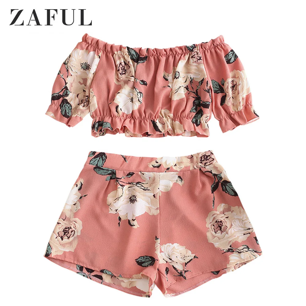 Укороченный цветочный Комплект из двух предметов с открытыми плечами женский