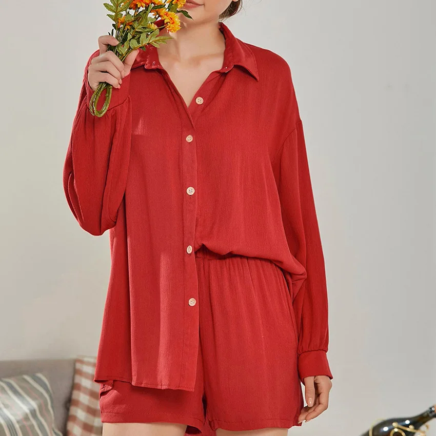 

NSHYPOI 2021 Осенняя рубашка с отложным воротником и длинным рукавом свободные удобные шорты комплект пижамы Халат домашний сервис