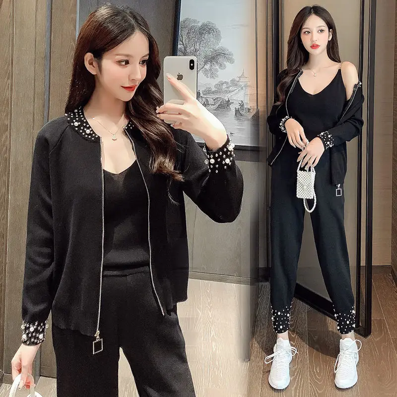 

Pants Suit 2021 Spring and Summer New Fashion All-match Casual Sportswear Suit Heavy Industry Beading Two or Three Suit Women