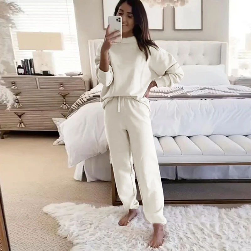 

Women's Tracksuits Fleece Cropped Two Piece Set O-Neck Pullover Drawstring Jogger Suit Female 2021 Autumn Ladies Sportswear Sets