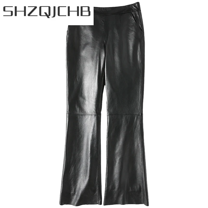 

Женские брюки из натуральной кожи SHZQ, женские весенние расклешенные брюки из настоящей овчины, черные брюки, элегантные женские брюки 2021 ...