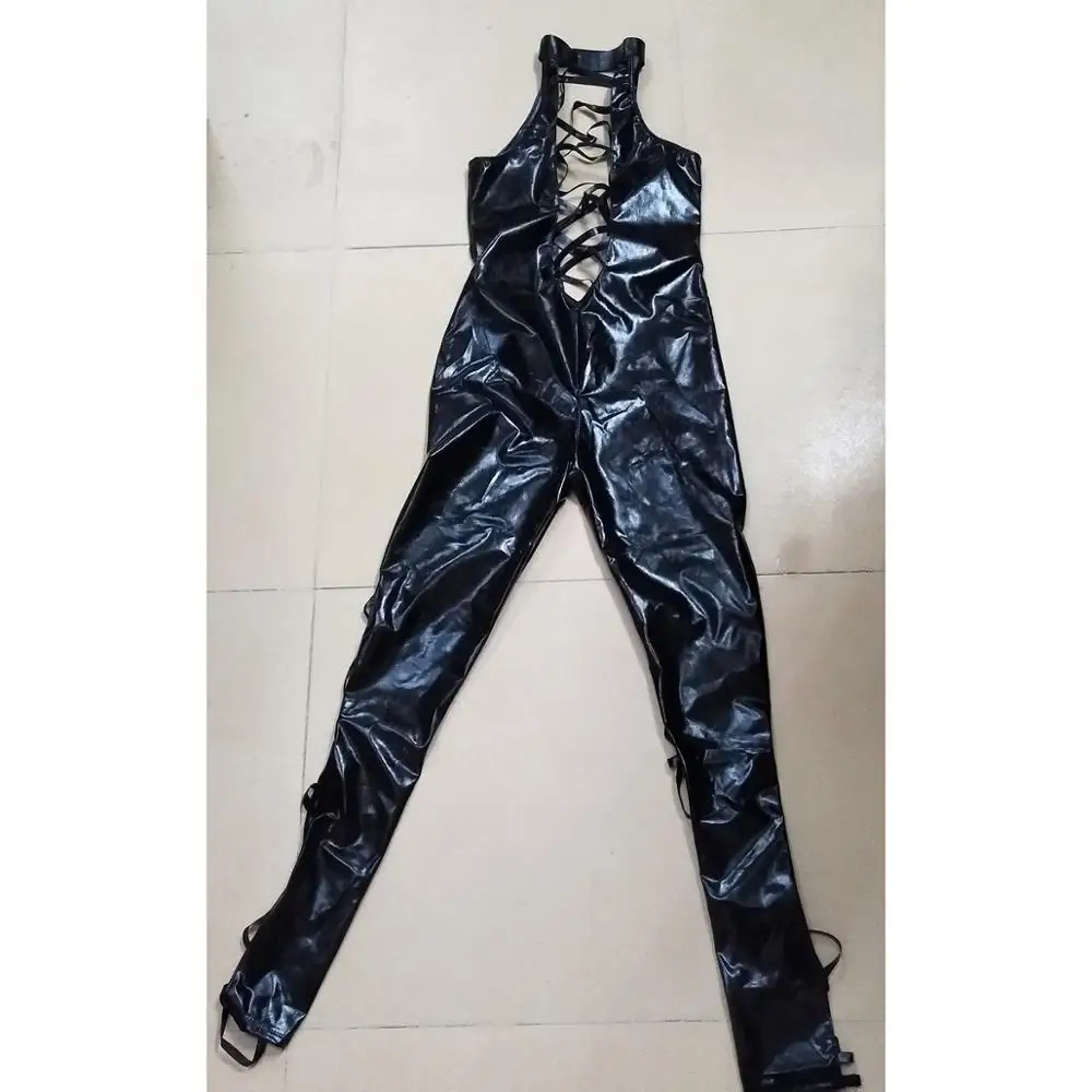 

Women Pvc Catsuit Sexy Black Bandage Catsuit Hollow out PU Leather Bodysuit Sexy Club Wear Hot Erotic Pole Dance Women Rompers