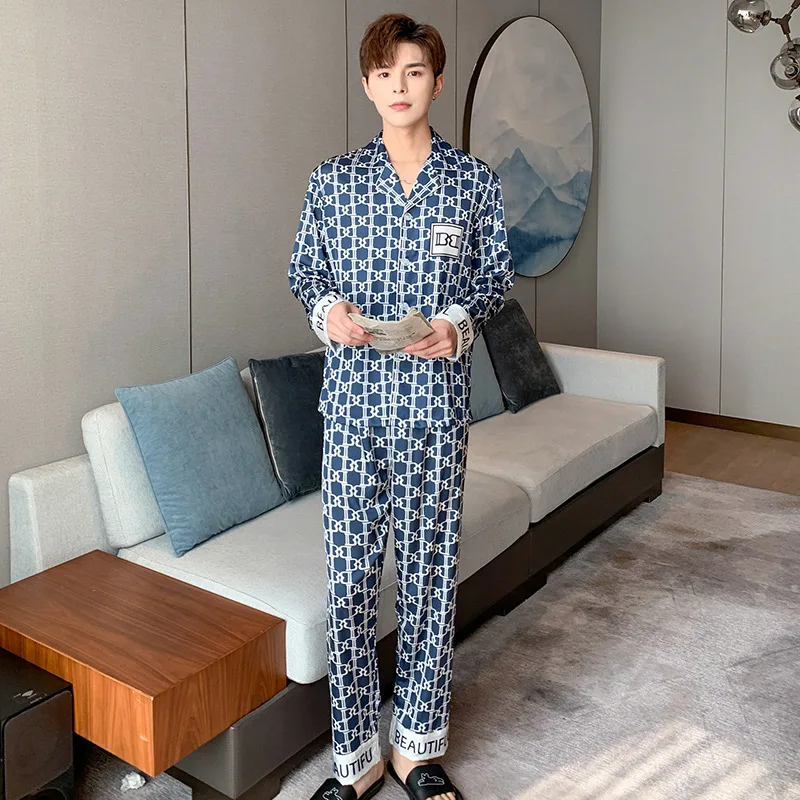 Spring/summer 2021 new set pajamas women's satin chiffon long sleeve trousers home thin two-piece set