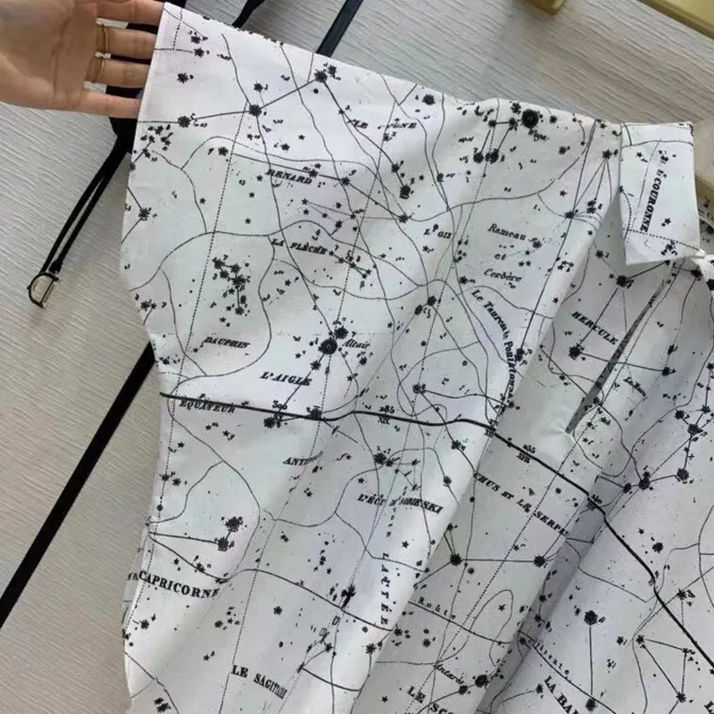 

2021 Women Runway Blouse Spring Summer New Fashion Star Sky Letter Printed Casual Turn-Down Collar Za Harajuku Shirt Vintage Top