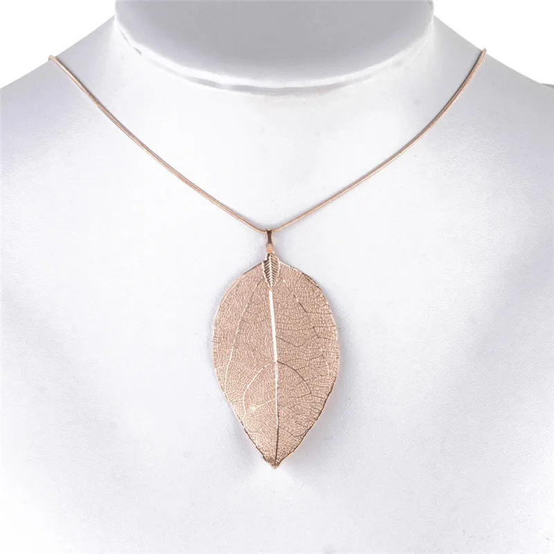 

Fashion Pink Black Gold Gray True Natural Real Leaves Leaf Pendant Necklace Long Sweater Snake Chain For Women Jewelry Gift