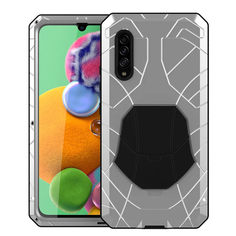 Для samsung Galaxy A90 5G Твердый корпус для телефона Алюминиевый металлический корпус Закаленное стекло Защитная крышка экрана сверхмощный защитный чехол - Цвет: silver
