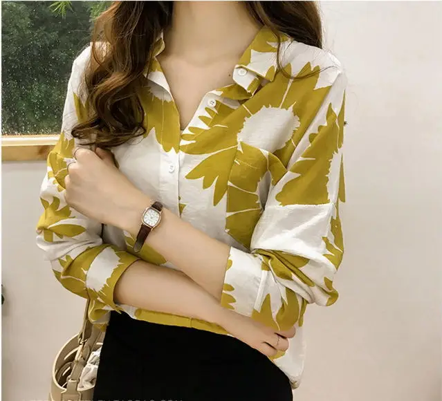 Dioufond/Весенняя женская блузка с длинными рукавами рубашка цветочным принтом