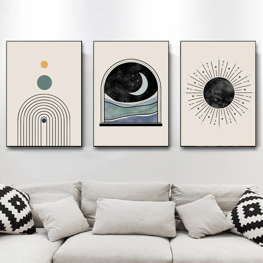 

Abstract Line Paintings Mid Century Modern Poster Sun Illustration Canvas Print Gallery Neutral Wall Pictures Living Room Decor