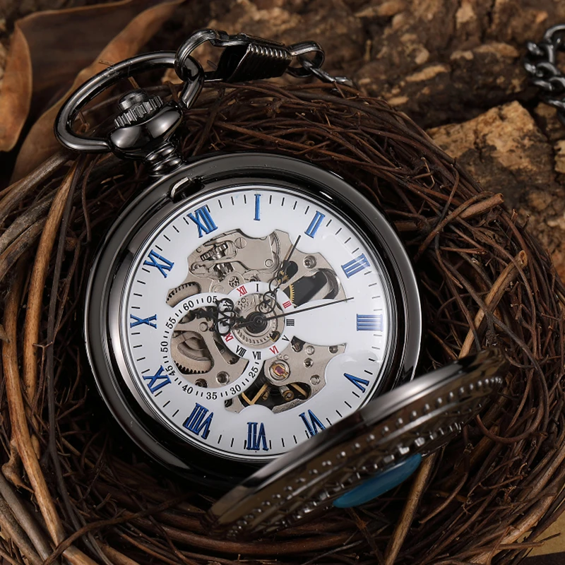 Roman Numeral Mechanical Pocket Watch Luxury Sliver Vintage Steampunk Blue Stone Diamond Skeleton Fob Chain Clock for Men Women
