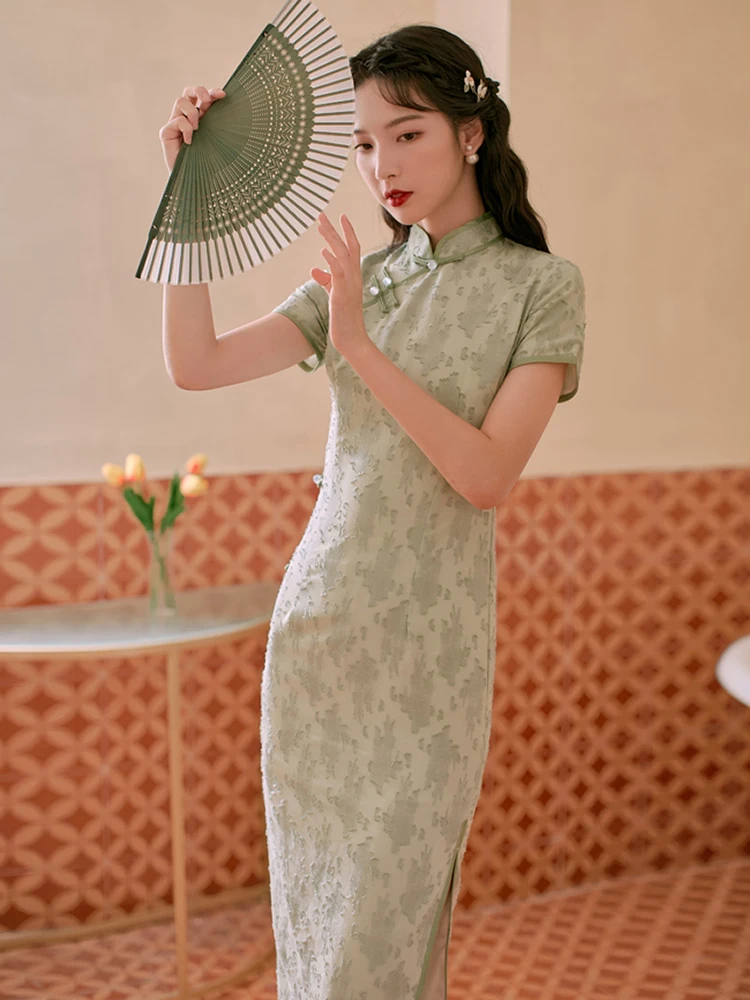 

Женское приталенное платье-Ципао в китайском стиле, зеленое платье средней длины в литературном ретро-стиле, лето 2021