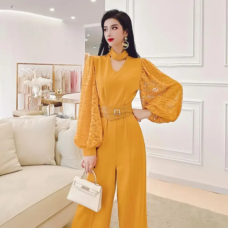 

Design Water-soluble Lace Jumpsuit Wide-leg Jumpsuit Lantern Sleeve One Piece Pants Luxury Women's Clothing Combinaison Femme