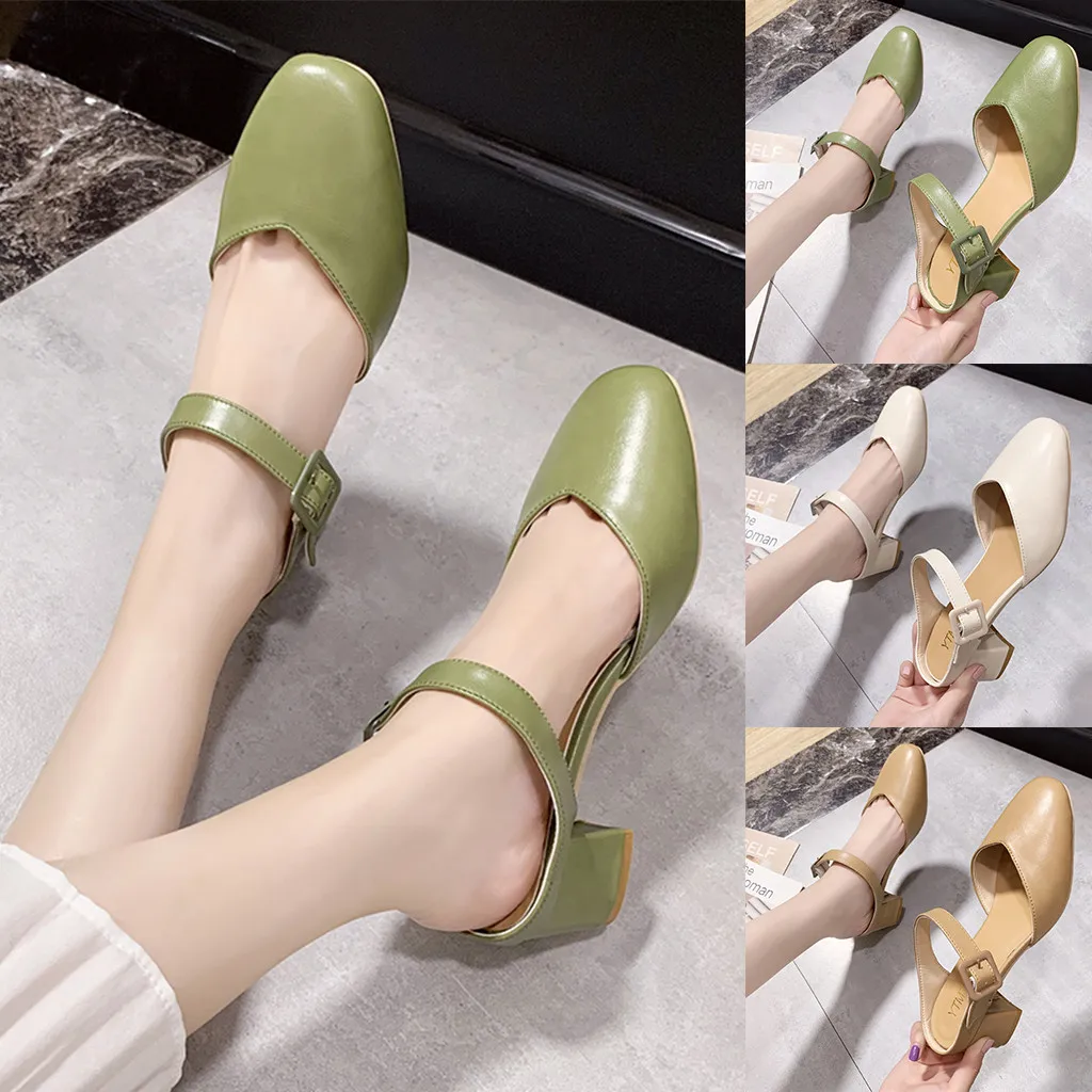 

Women's summer casual bottom sexy style fashion toe thick with PU leather ladies solid color baotou single shoes 2020