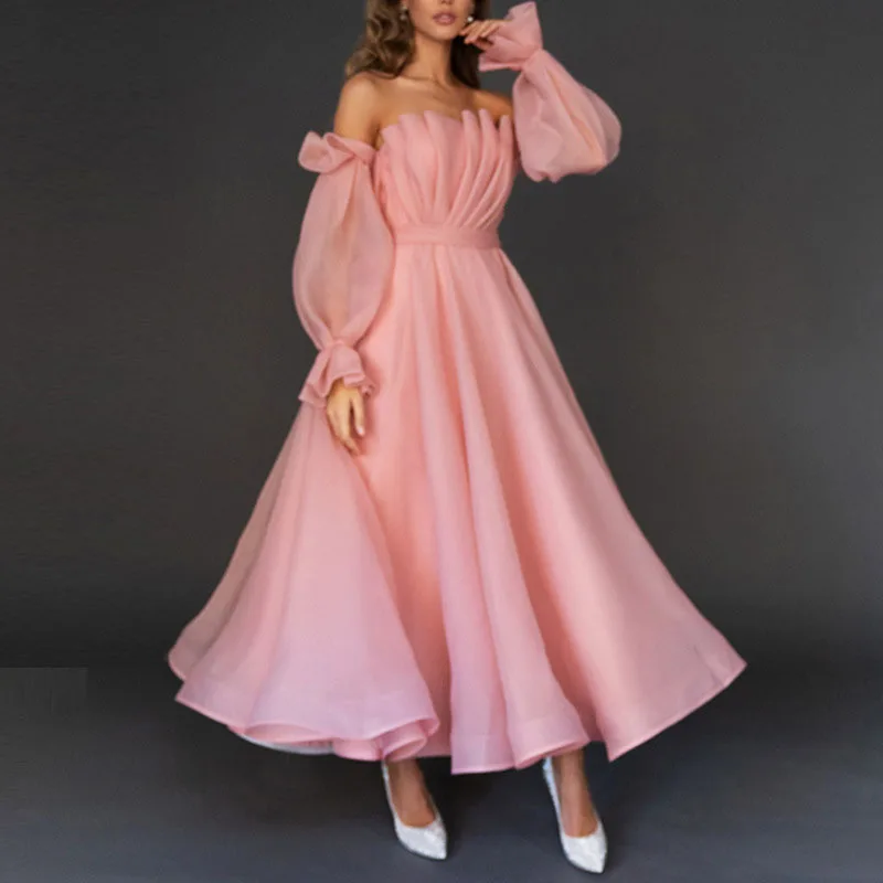 

Women Pink Elegant Lace Dress Ladies Casual Long Puff Sleeve Strapless High Waist Off Shoulder Vestidos Dress For Party Wedding