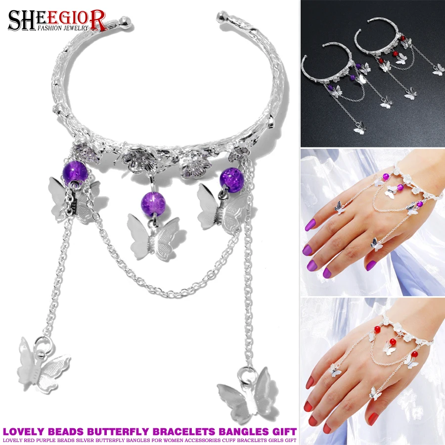 

Classical Silver color Butterfly Bracelets Bangles Women Accessories Vintage Chinese Style Purple/Red Bead Bracelet Fashion Gift