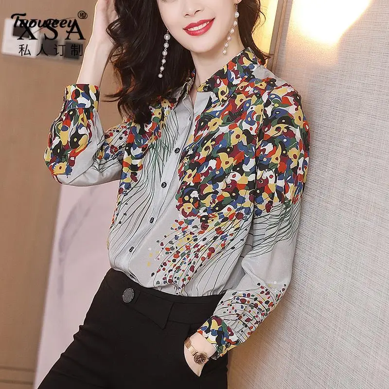 

Women's Blouse Spring and Autumn office Long Sleeve floral printed Shirt Retro Imitation Silk 2021 Spring style Women's Top