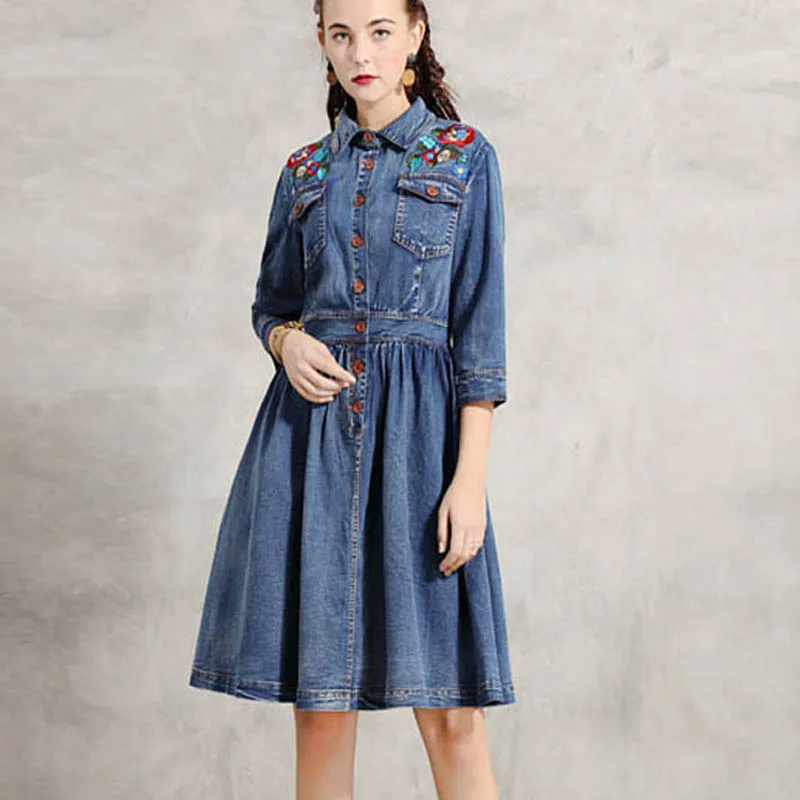 

Женское джинсовое платье до колена, винтажное однобортное платье с рукавом 3/4 и отложным воротником, с вышивкой, новинка 2019