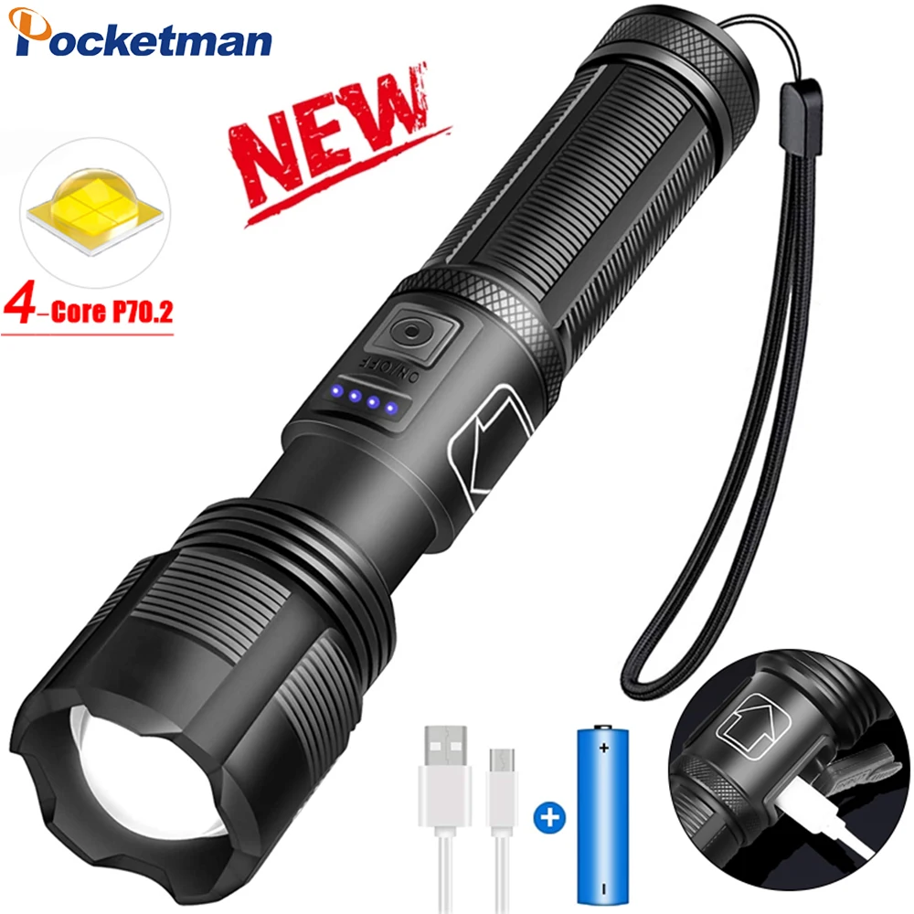 

Новый 4 ядерный P70.2 светодиодный вспышка светильник USB Перезаряжаемые вспышка светильник на открытом воздухе Водонепроницаемый фонарь 5 реж...