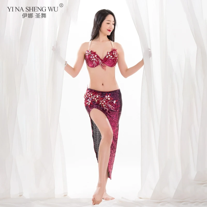 

New Bling Bling Belly Dance Sequin 2 Piece Women Oriental Dance Performance Show Costume Rhinestone Bra Mermaid Skirt Shine Blue