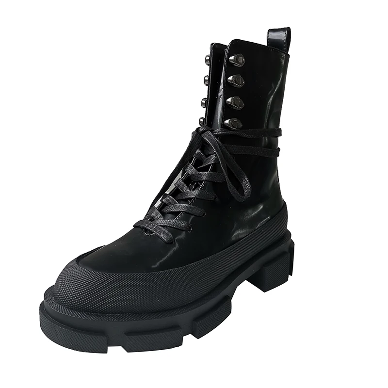 Design NEW Rock punk women shoes round toe patent leather med 5cm heel platform cross-tied Retro party boots | Обувь