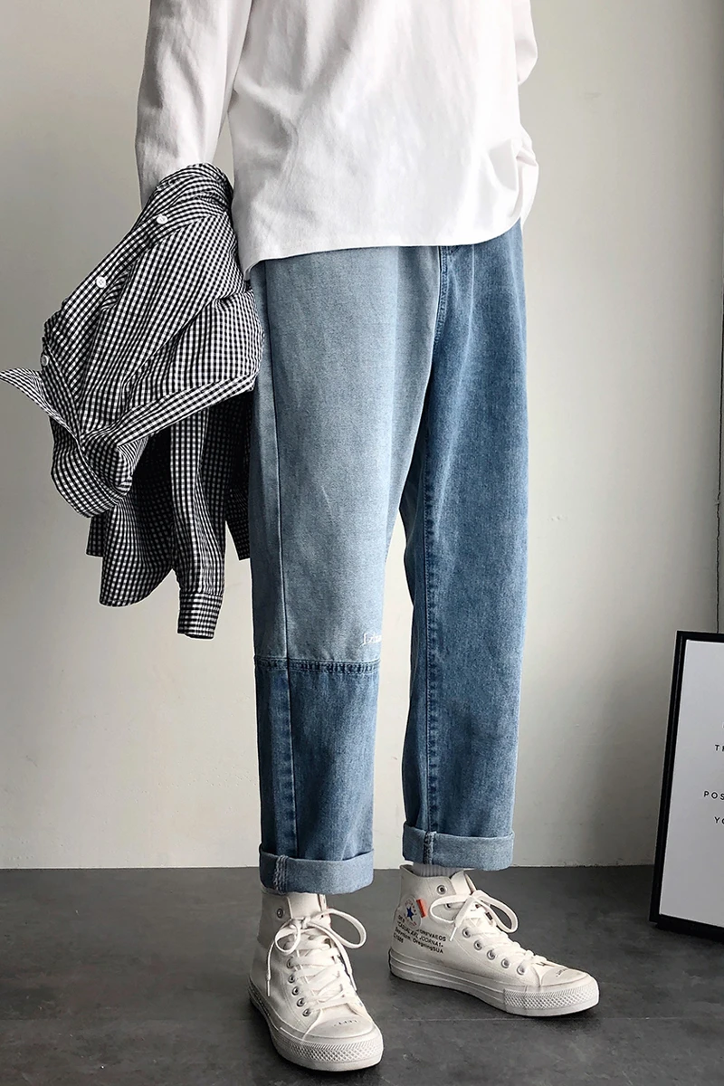 

2020 Spring And Autumn New Youth Popular Stitching Loose Jeans Fashion Casual Wild Straight Pants Dark Gray / Blue S-2XL