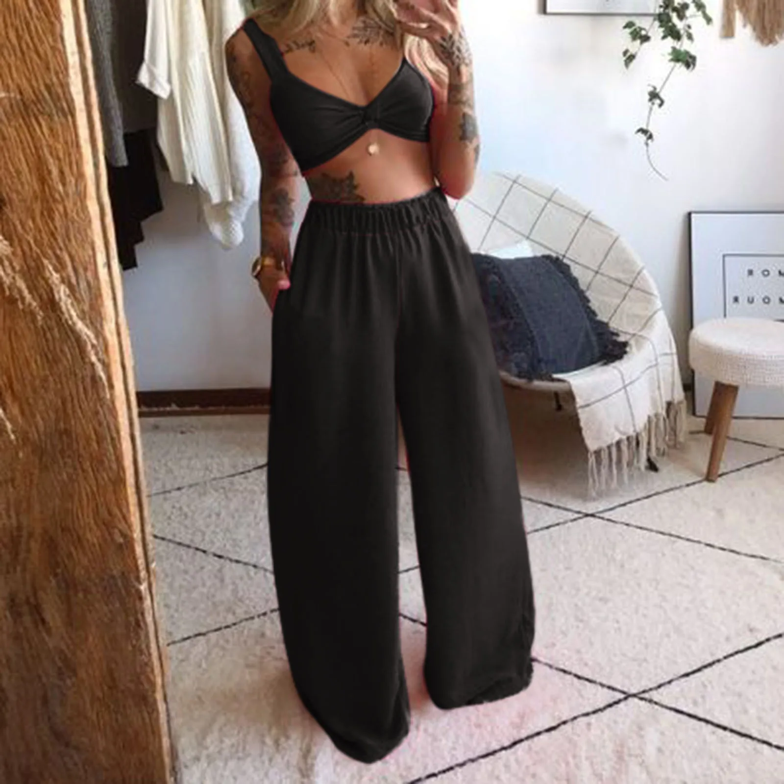 

DAIGELO Sexy Outer Bra + Trousers Suit Ladies 2021 Women Casual Solid Sleeveless Camis Tops+long Pants 2 Piece Set Beach Sets