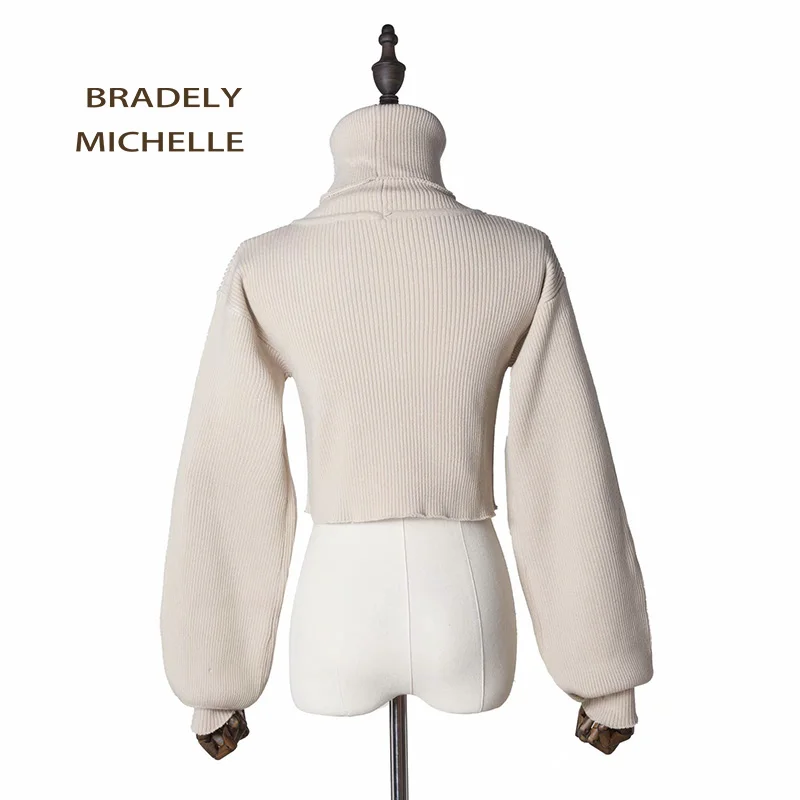 Fashion Autumn and Winter Knitted Pullovers Lantern Long-sleeve Turn-down Collar Solid Crop Short Sweaters Women | Женская одежда