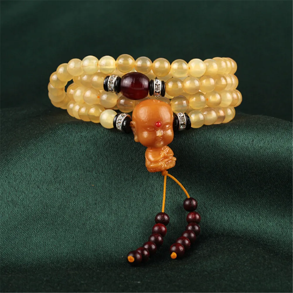 

8mm Tibetan Natural Sheep Horn Beaded Bracelet 108 Beads Mala Polished Bone Beads Strand Bracelets or Necklace for Men and Women