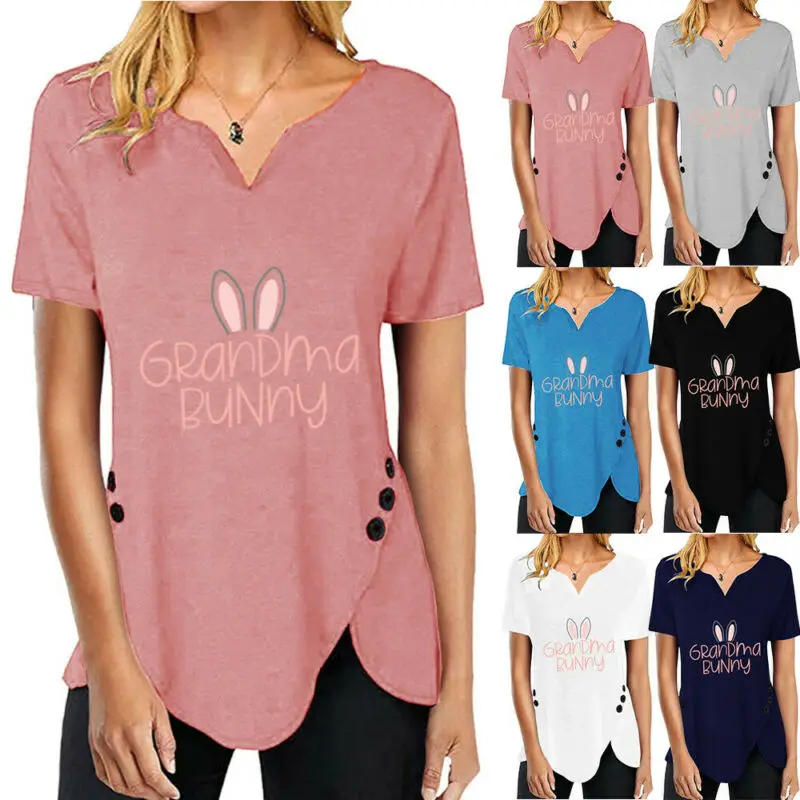 

Women Short Sleeve T-shirt Summer Button Irregular Tops Plus Size Easter Blouse