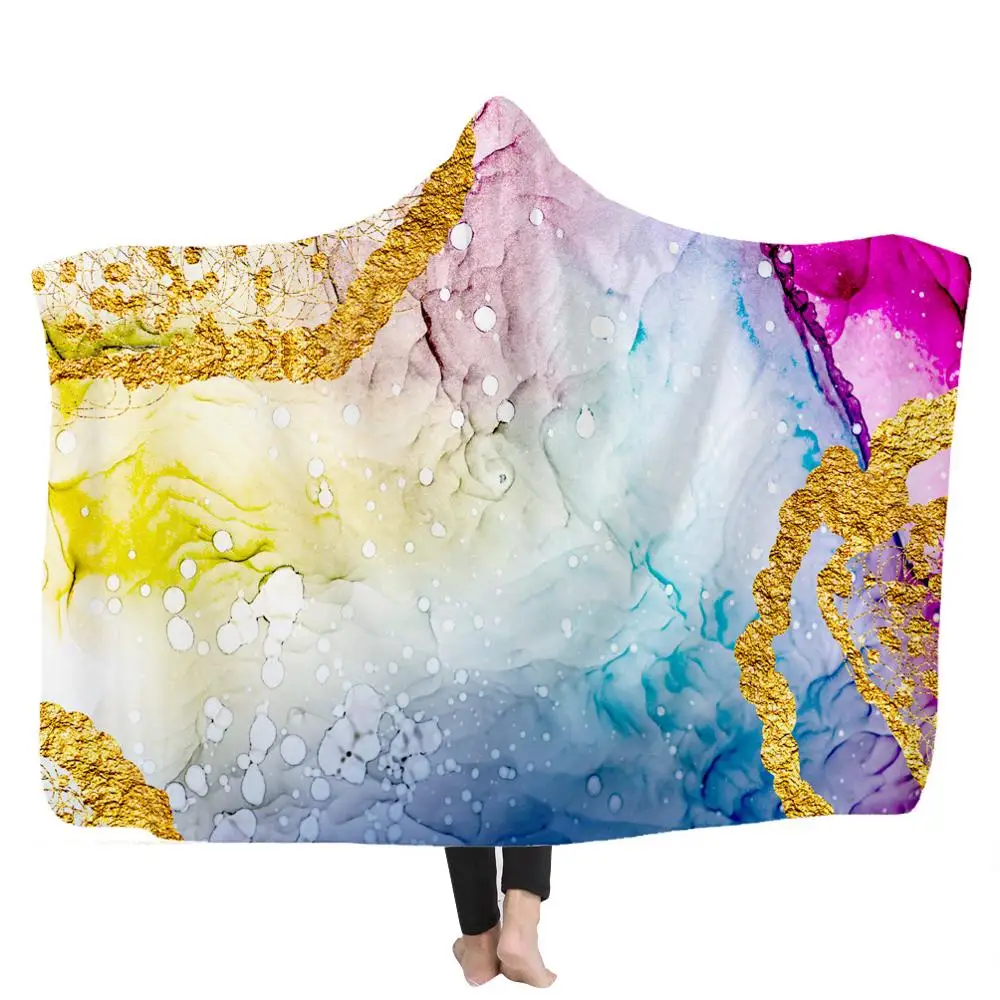 Preço Personalizado Fluxo Série De Ouro Encapuçado Lance Cobertor Para Adultos Crianças Colorido Sherpa Velo Quente Wearable Microfibra Cama Dropship