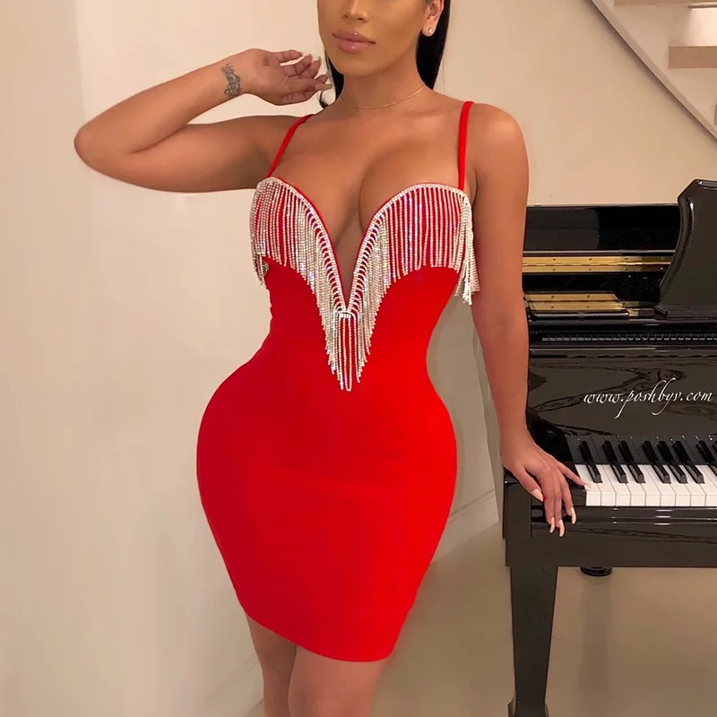 

Women hot sale Rhinestones Tassel Deep V-neck Underwired Sexy Dresses fashion Party dress Night Club wear Bodyocn short Dress