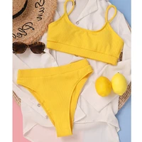 sexy biquini 2021 women yellow spiral pit strip swimwear u shaped swimsuit high waist bikini beachwear bathing suits swimming