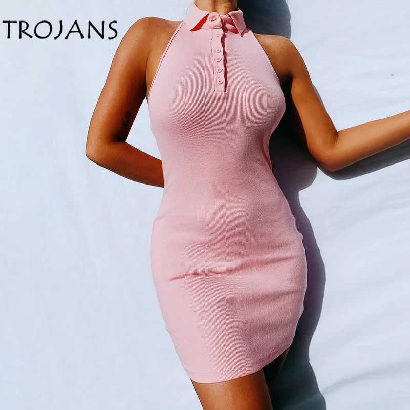 

2021 POLO Collar Sheath Mini Dress Sexy Summer Knitting Sleeveless Tun-Down Callar Casual Party Dress Cozy Lady Backless Skirt