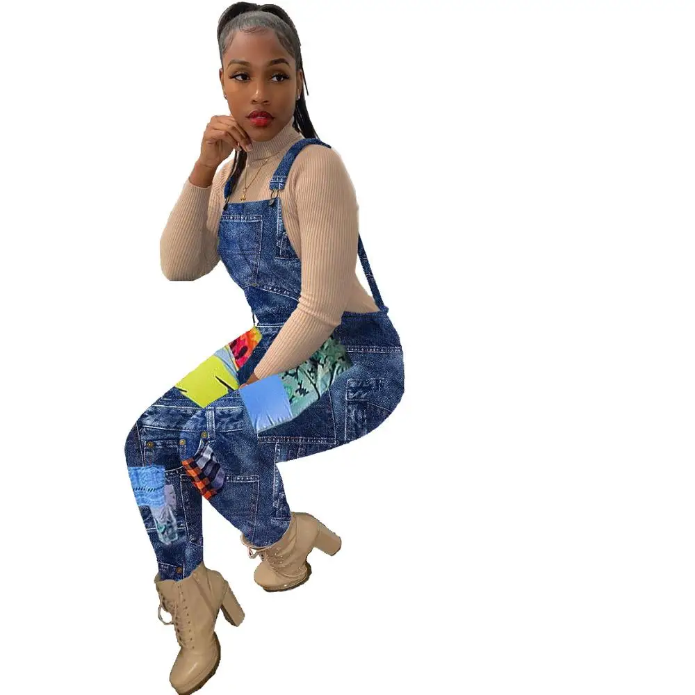 

Hot Selling Women Color Printing Streetwear Jumpsuits Female's High Waist Skinny Button Overalls 2020 Autumn Winter Newest