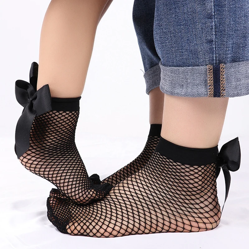 

2Pair Women Baby Girls Kids Mesh Socks Bow Fishnet Ankle High Lace Fish Net Vintage Short Sock Fashion Summer One Size