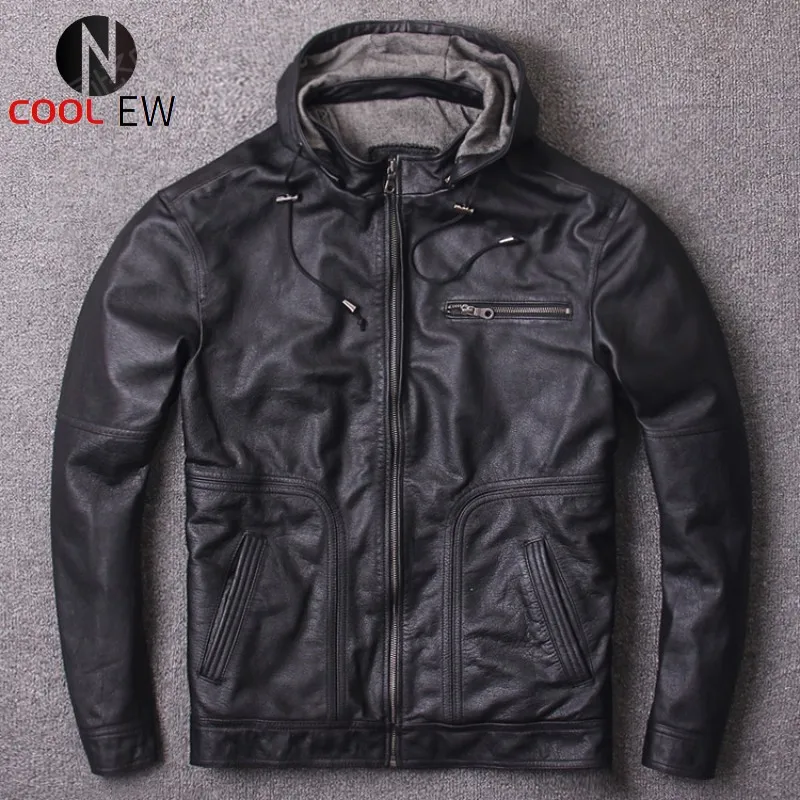 Men Hooded Casual Cowhide Motorcycle Jacket Autumn Winter Real Leather Slim Fit Coats Male High Quality Genuine Cow Leather Coat