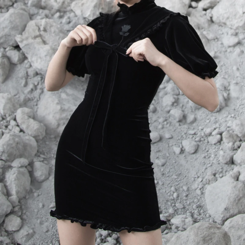Женское бархатное платье-Ципао Ruibbit черное приталенное платье в винтажном