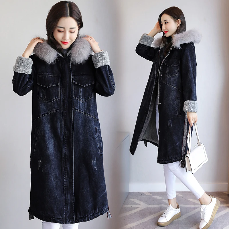 

Winter Denim Jacket For Women Hooded Thick Lambswool long coats women Coat Korean style Fashion Cotton jacket Plus Size 3XL