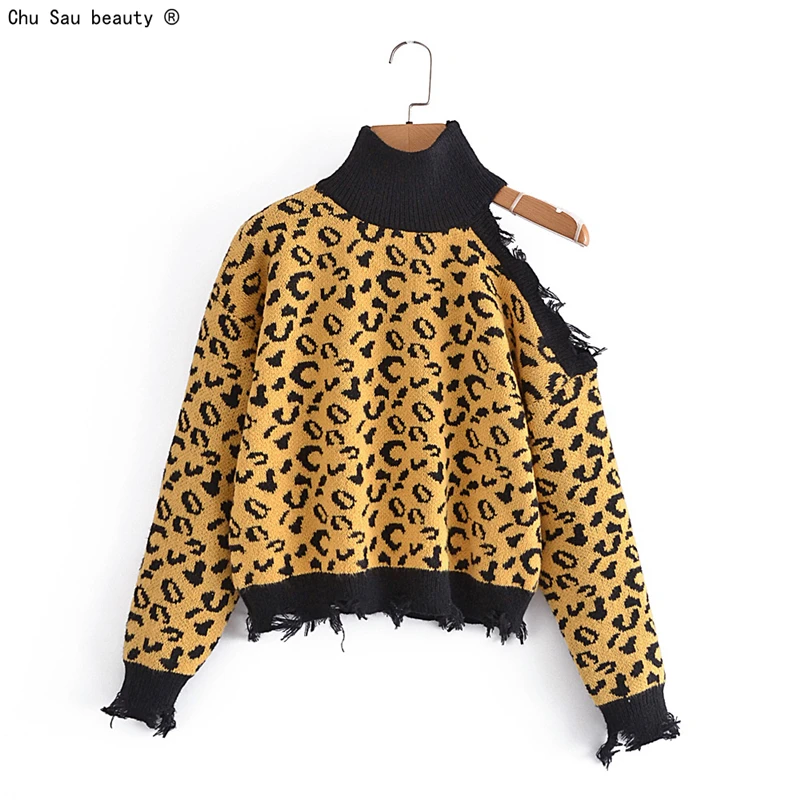 

Свитер женский трикотажный, Леопардовый, с воротником-хомутом, осень 2021