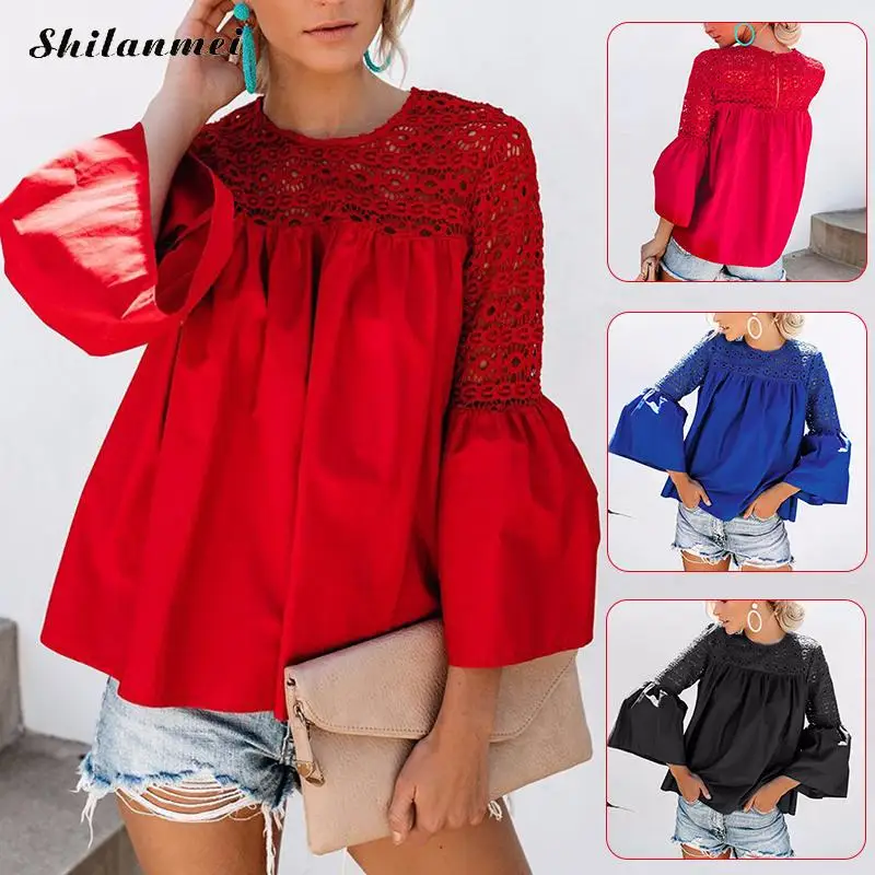 

High Street Women Blouses Flare Sleeve Lace Women Tops And Blouses 2019 Autumn Lace Patchwork Blousa Large Size Fashion Blouse