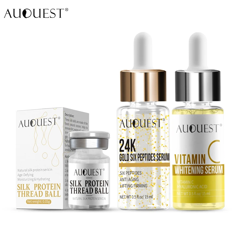 

AuQuest Face Serum Set Vitamin C & 24K Gold & Hydrolyzed Silk Essence Firming Anti Wrinkle Skin Whitening Moisture Face Care