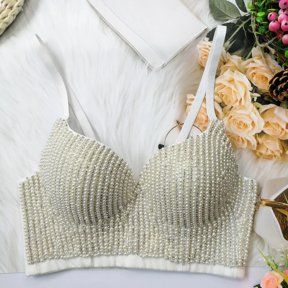 Sexy Camisole Hot Girl Corset Backless Crop Top Women Tube Top Beaded Diamond Nightclub Party Tanks Bustier Gathered Push up Bra