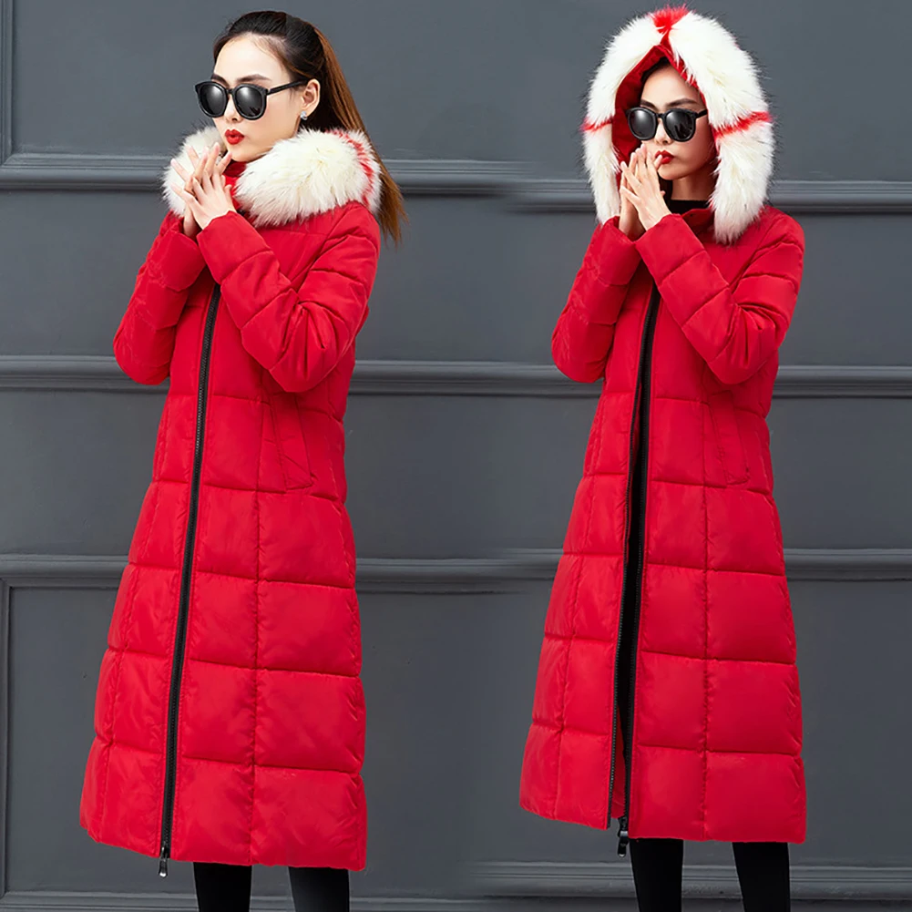 With Pockets Solid Long Sleeve Slim Fit Women Down Coat Zipper Warm Casual Windproof Thickening Daily Winter Faux Fur Hooded |