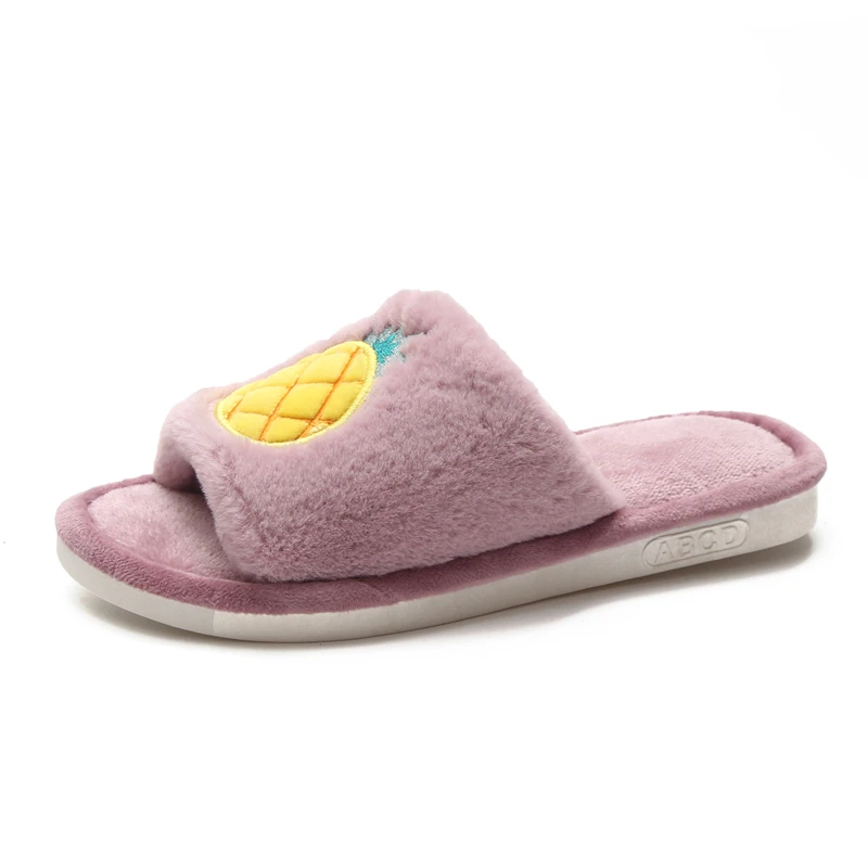 

Autumn Winter Home Women Fur Slippers Cute Cartoon Fruit Pineapple Ladies Flats Shoes Slip on Home Furry Warm Slippers Female