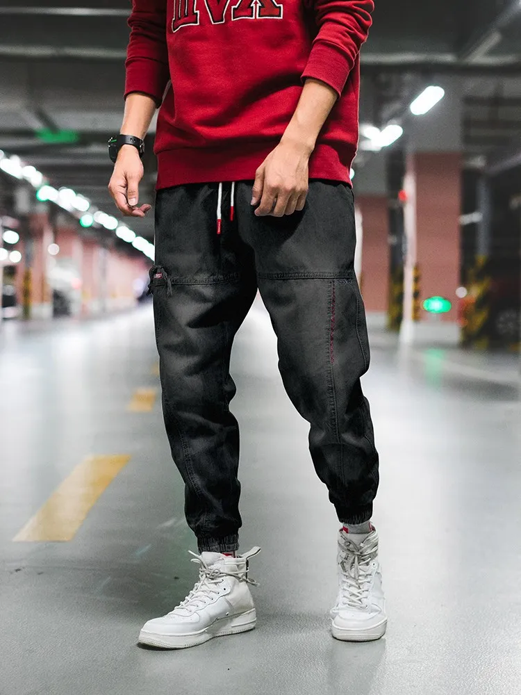

Patchwork Cargo Pants Men's Ripped Jeans Drawstring Denim Cargo Pants Men Baggy Hip Hop Jeans Denim Harem Pants Streetwear