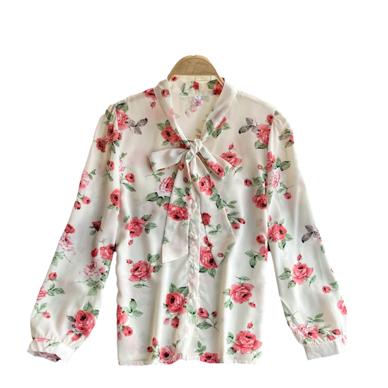 

2021 New Spring Chiffon Blouse Female Sweet Age Reduction Lace Blusa Bow Tie Collar Slim Fit All-match Printed Shirt GK534