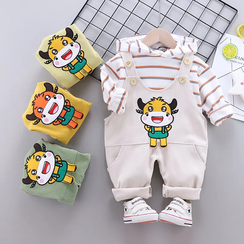 

Kids Spring Autumn Clothes Sets Baby Boys Girls New Striped Hoodie +Cartoon Cattle Jumpsuit Fashion Toddler Cute Clothing Suits