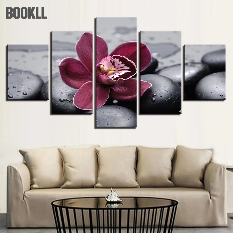 

Canvas HD Print Painting Modular Picture Wall Art 5 Panel Purple Orchid Black Pebbles Frame Poster Modern Home Decor Living Room