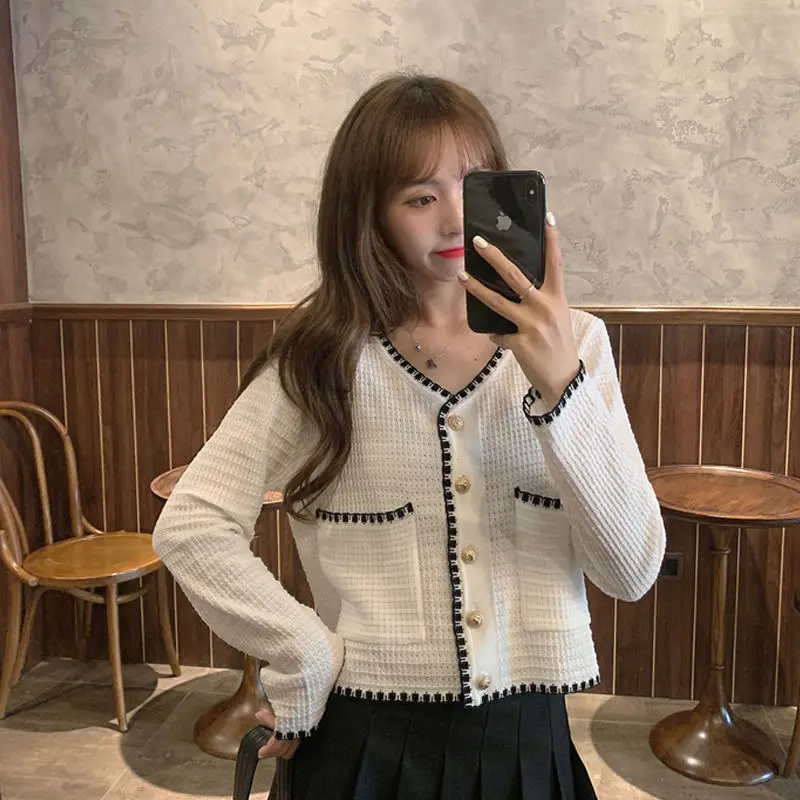 Женский вязаный кардиган с V образным вырезом и длинным рукавом| |