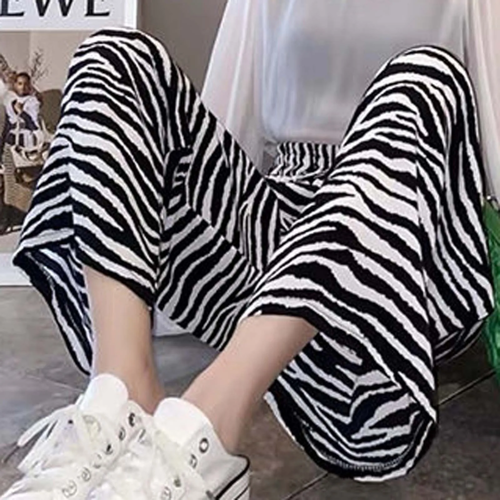

Women aesthetic Casual Striped Loose High Waist Ladies Wide Leg Pants Zebra Pants flare Trousers Y2k Streetwear pantalon