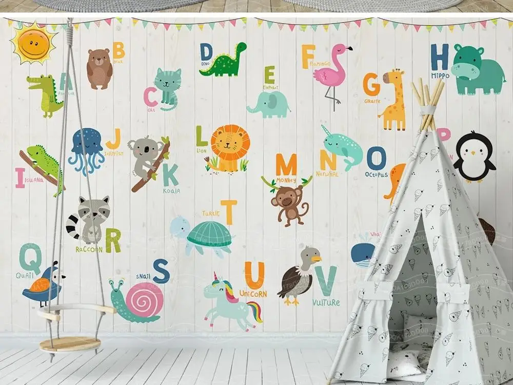 

New Custom 3D Large Mural Wallpaper Origina Nordic cartoon animals 26 letters children's room TV Background living Bedroom